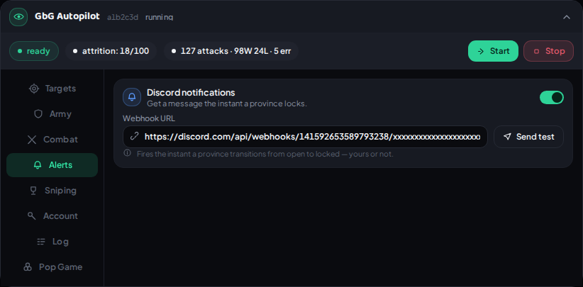 SentryFoE panel — Alerts tab, showing Discord webhook settings