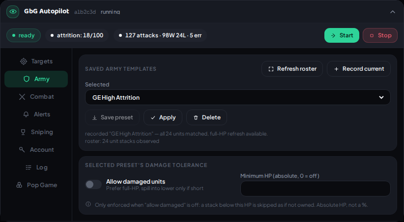SentryFoE panel — Army tab, showing saved army presets